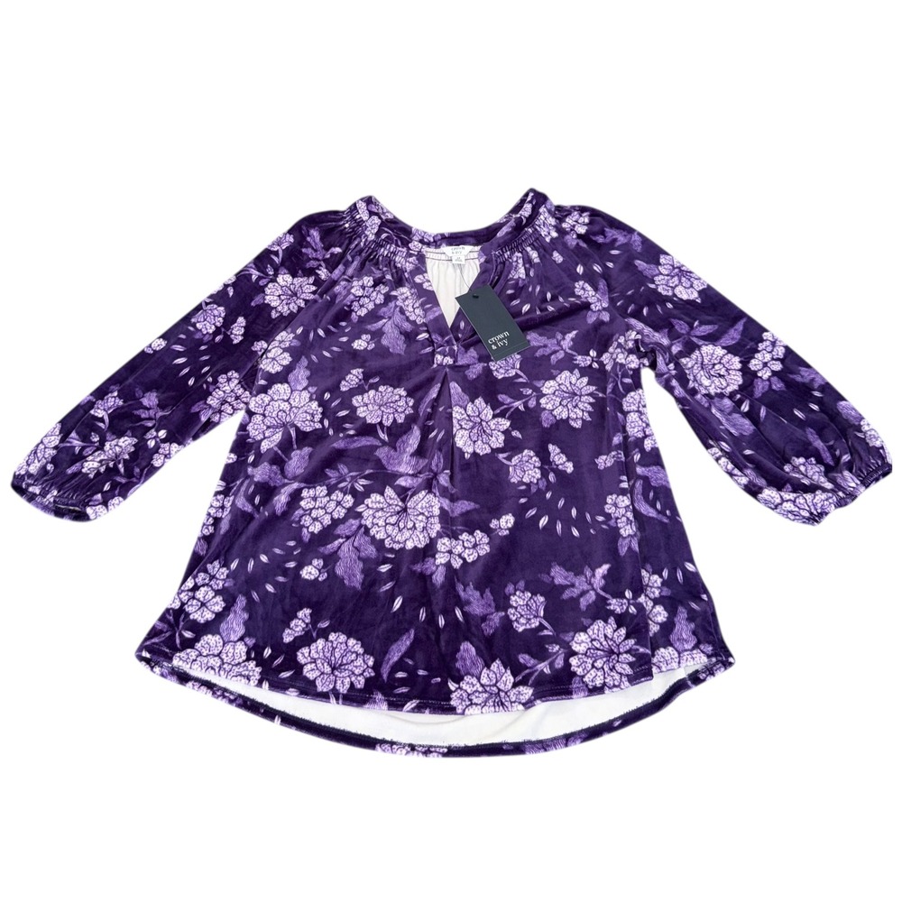 Crown & Ivy Purple Floral Peasant Blouse Top Long Sleeve Womens Size M Purple